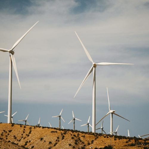 A large wind farm with turbines on a desert hill under a clear sky.