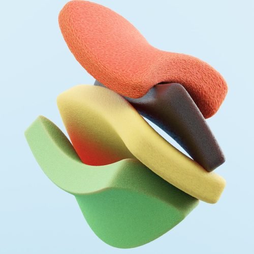 Abstract shapes stacked in various colors.